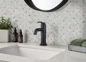 Carrara White Basketweave Pattern Polished styled in a finished room