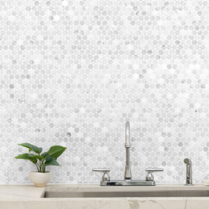 Carrara White Round Pattern Honed styled in a finished room