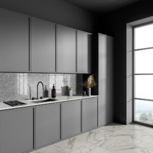 Carrara White Round Pattern Honed styled in a finished room