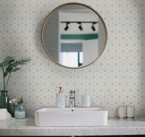 Cecily Grigio Polished Marble styled in a finished room
