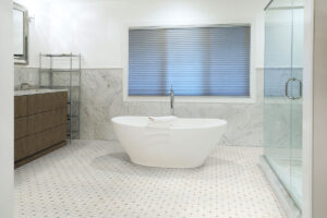 Cecily Grigio Polished Marble styled in a finished room