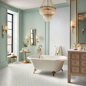 Bianco Dolomite Crema Dotty Polished Marble Mosaic styled in a finished room