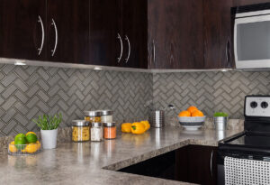 Champagne Bevel Herringbone 8mm styled in a finished room