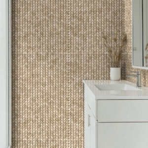 Crema Marfil Crema Herringbone styled in a finished room