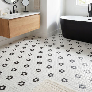 White and Black Floral Hexagon Matte styled in a finished room
