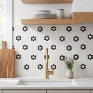 White and Black Floral Hexagon Matte styled in a finished room
