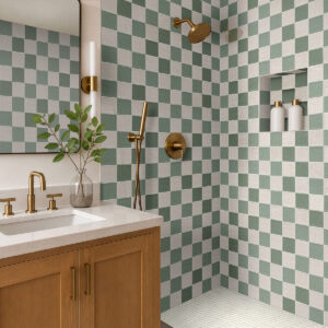 White Glossy Penny Round Mosaic styled in a finished room