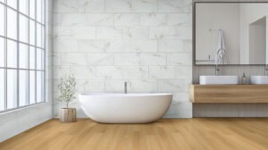 Dymo Calacatta White 12×24 Glossy styled in a finished room