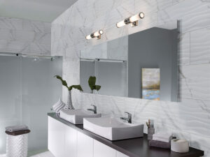 Dymo Statuary Wavy White 12×24 Glossy Large Format styled in a finished room