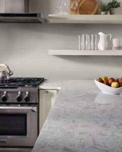 Gray Glossy Penny Round Mosaic styled in a finished room