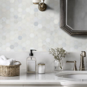 Greecian White 2″Hexagon Polished styled in a finished room
