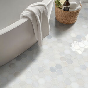 Greecian White 2″Hexagon Polished styled in a finished room