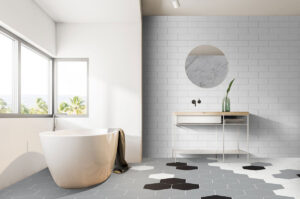 Hexley Ecru Hexagon styled in a finished room