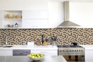 Ibiza Blend 1″ x 1″ Glass & Stone Blend Mosaic Sheet styled in a finished room