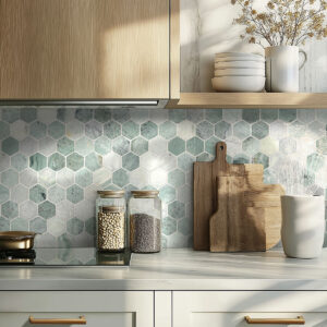 Icelandic Green 2″ Hexagon Mosaic styled in a finished room