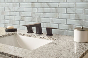 Ivory Amber Beveled Subway 8mm styled in a finished room