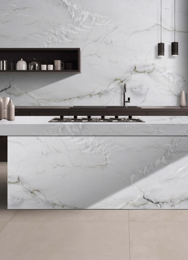 White Pearl Quartzite countertops in a styled room