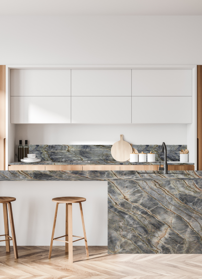 Blue Storm Quartzite countertops in a styled room