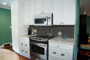 Metallic Gray Bevel Subway styled in a finished room