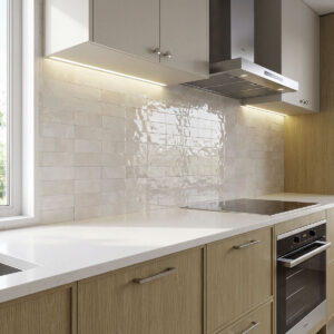 Moroccan Beige Zellige 2×6 Stack Glossy styled in a finished room