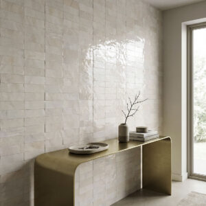 Moroccan Beige Zellige 2×6 Stack Glossy styled in a finished room