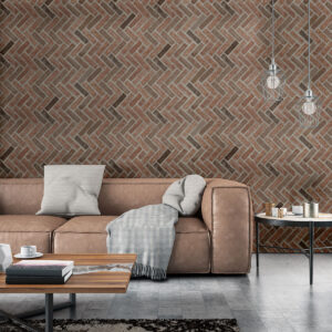 Noble Red Reclaimed Clay Brick Herringbone styled in a finished room