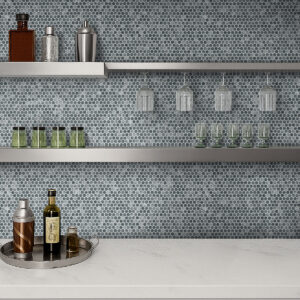 Penny Round Grigio Mix Mosaic styled in a finished room