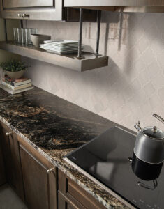 Portico Pearl Arabesque 8mm Mosaic styled in a finished room