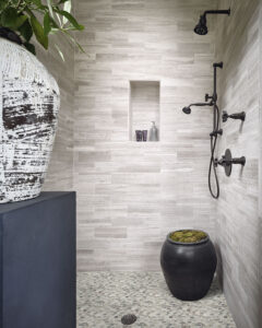 Puebla Greige Pebble styled in a finished room