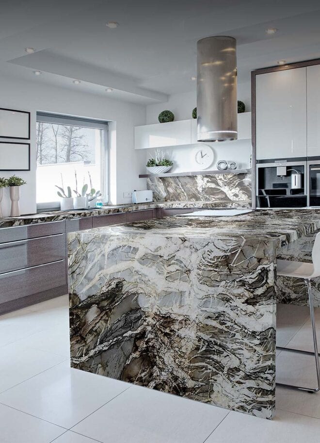 Vittara Quartzite countertops in a styled room