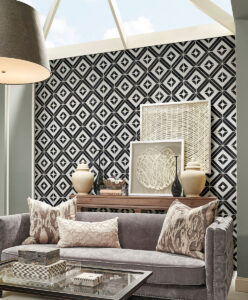 Rhombix Nero Polished styled in a finished room