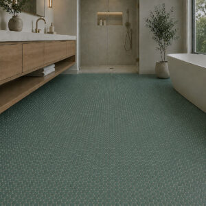 Eucalyptus Green Satin Penny Round Matte styled in a finished room
