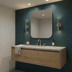 Nocturne Blue Satin Penny Round Matte styled in a finished room