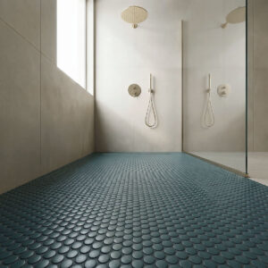 Nocturne Blue Satin Penny Round Matte styled in a finished room