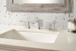 Statuario Celano Hexagon Mosaic styled in a finished room