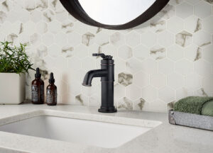 Statuario Matte 2” Hexagon Mosaic styled in a finished room