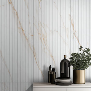 Marmiro Gold 16×48 Large Format styled in a finished room
