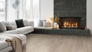 Marmiro Noir 16×48 Large Format styled in a finished room