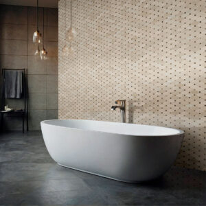 Crema Marfil Valencia Blend Elongated Octagon styled in a finished room