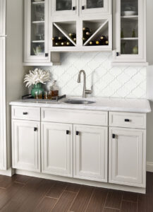 Whisper White Arabesque Tile ® styled in a finished room