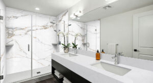 White Glossy 2” Hexagon Mosaic styled in a finished room