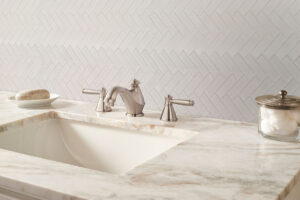 White Glossy Herringbone Mosaic styled in a finished room