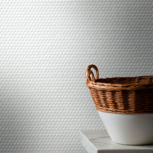 White Glossy Penny Round Mosaic styled in a finished room