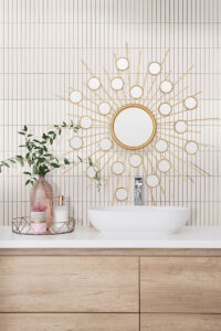 White Matte 1×6 Stack Pattern styled in a finished room