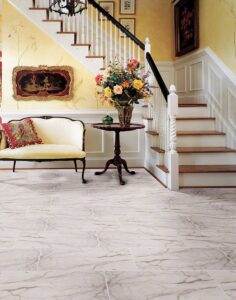 Essentials White Vena Ceramic styled in a finished room